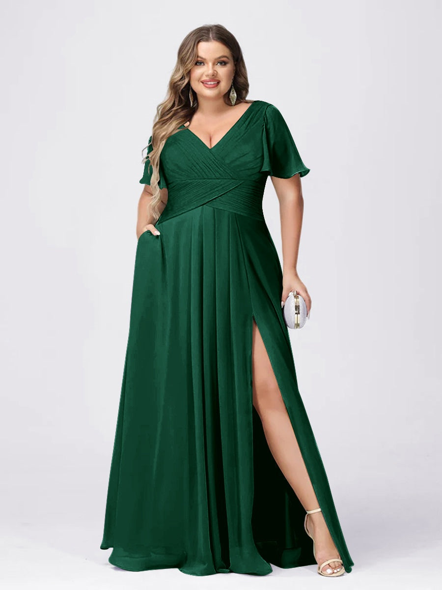 Plus Size V-Neck Princess A-Line Bridesmaid Dress with Side Split and Short Sleeves