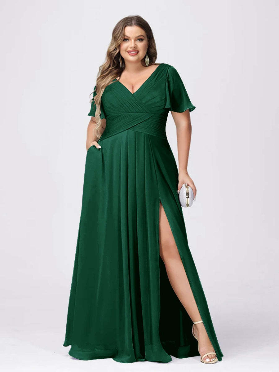 Plus Size V-Neck Princess A-Line Bridesmaid Dress with Side Split and Short Sleeves