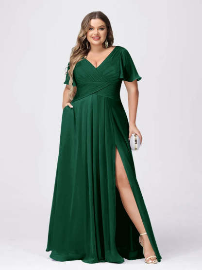 Plus Size V-Neck Princess A-Line Bridesmaid Dress with Side Split and Short Sleeves