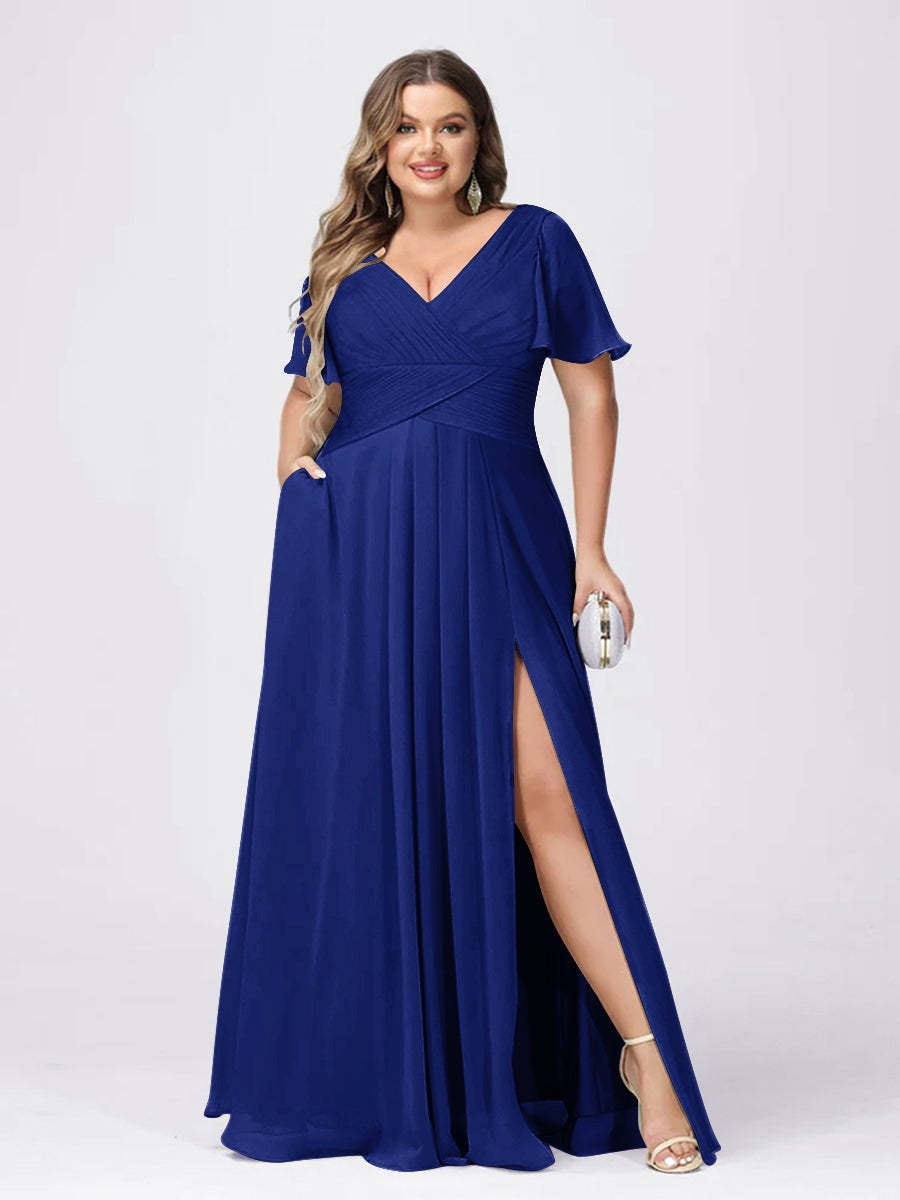 Plus Size V-Neck Princess A-Line Bridesmaid Dress with Side Split and Short Sleeves