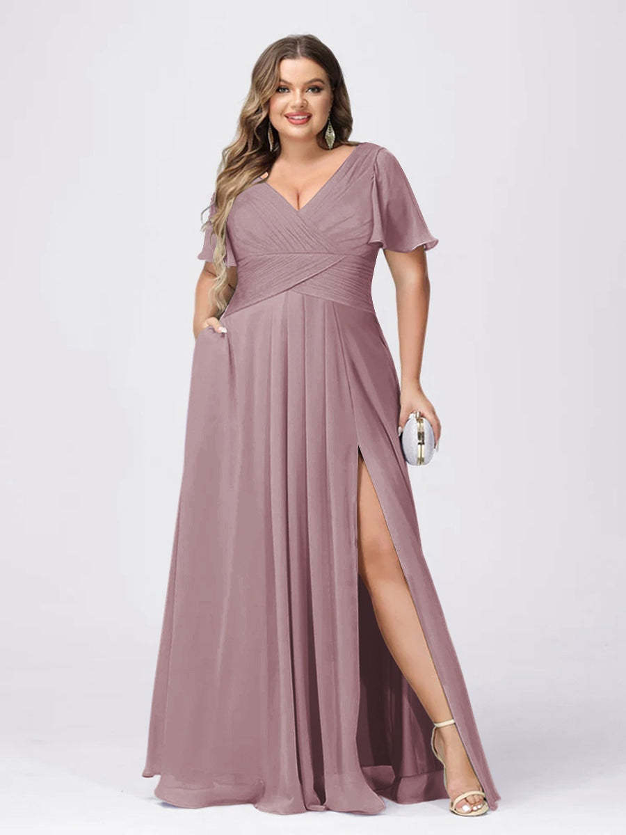 Plus Size V-Neck Princess A-Line Bridesmaid Dress with Side Split and Short Sleeves