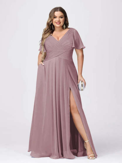 Plus Size V-Neck Princess A-Line Bridesmaid Dress with Side Split and Short Sleeves
