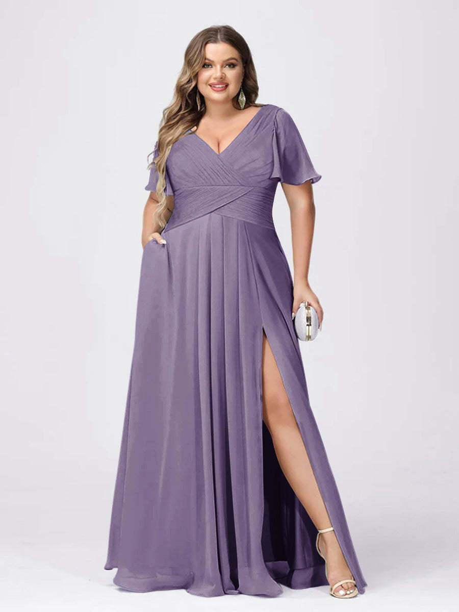 Plus Size V-Neck Princess A-Line Bridesmaid Dress with Side Split and Short Sleeves