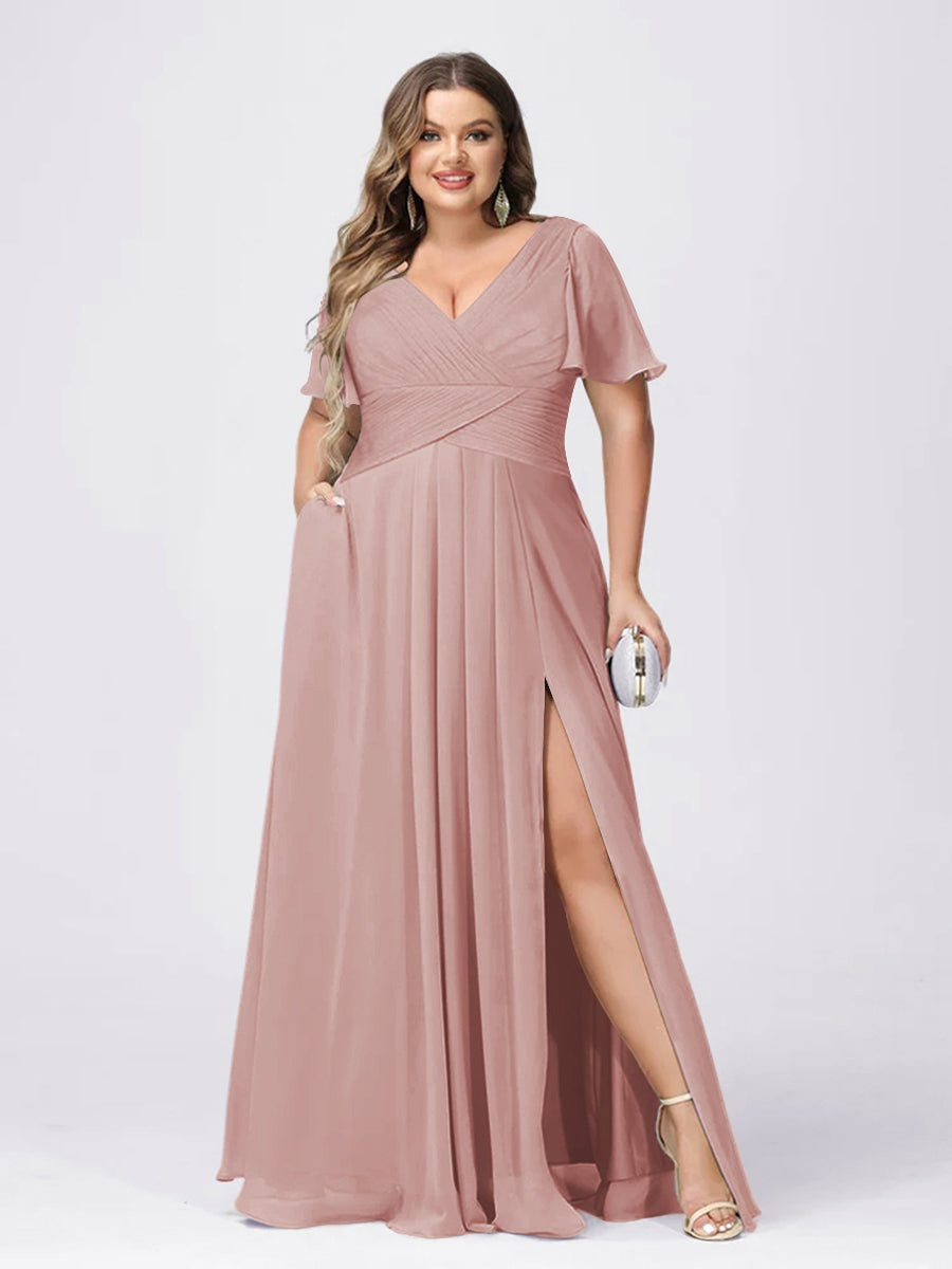 Plus Size V-Neck Princess A-Line Bridesmaid Dress with Side Split and Short Sleeves