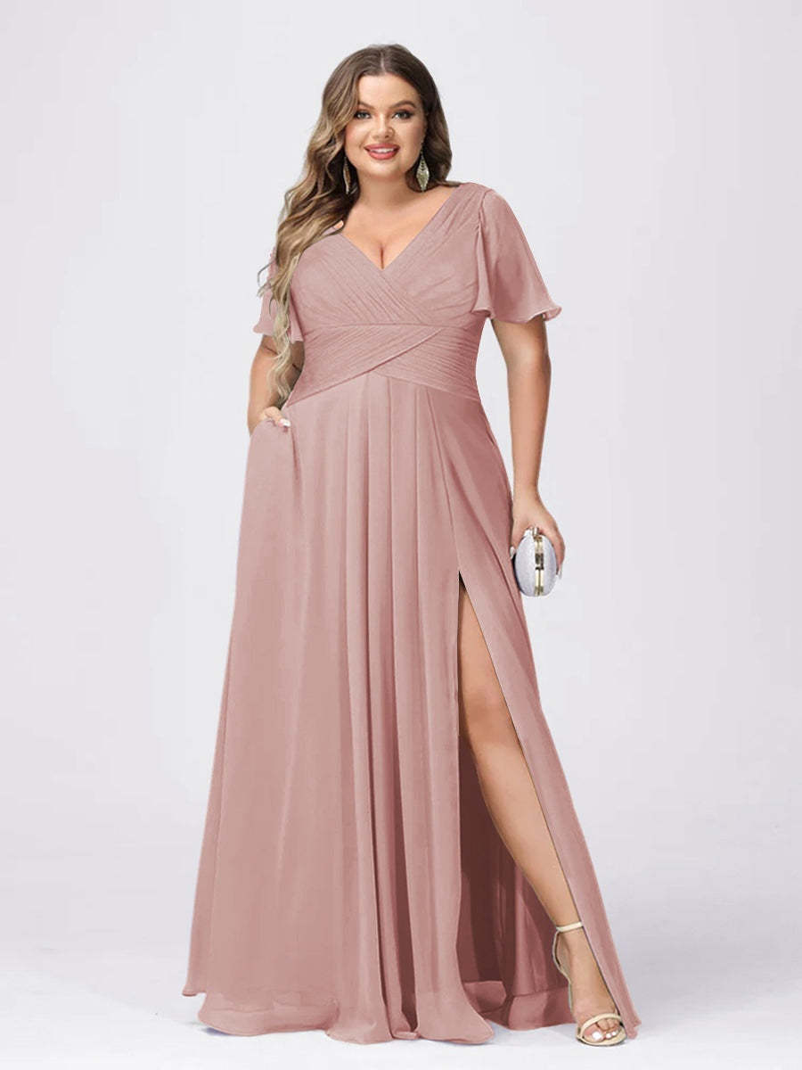 Plus Size V-Neck Princess A-Line Bridesmaid Dress with Side Split and Short Sleeves