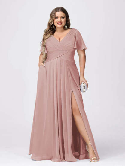 Plus Size V-Neck Princess A-Line Bridesmaid Dress with Side Split and Short Sleeves