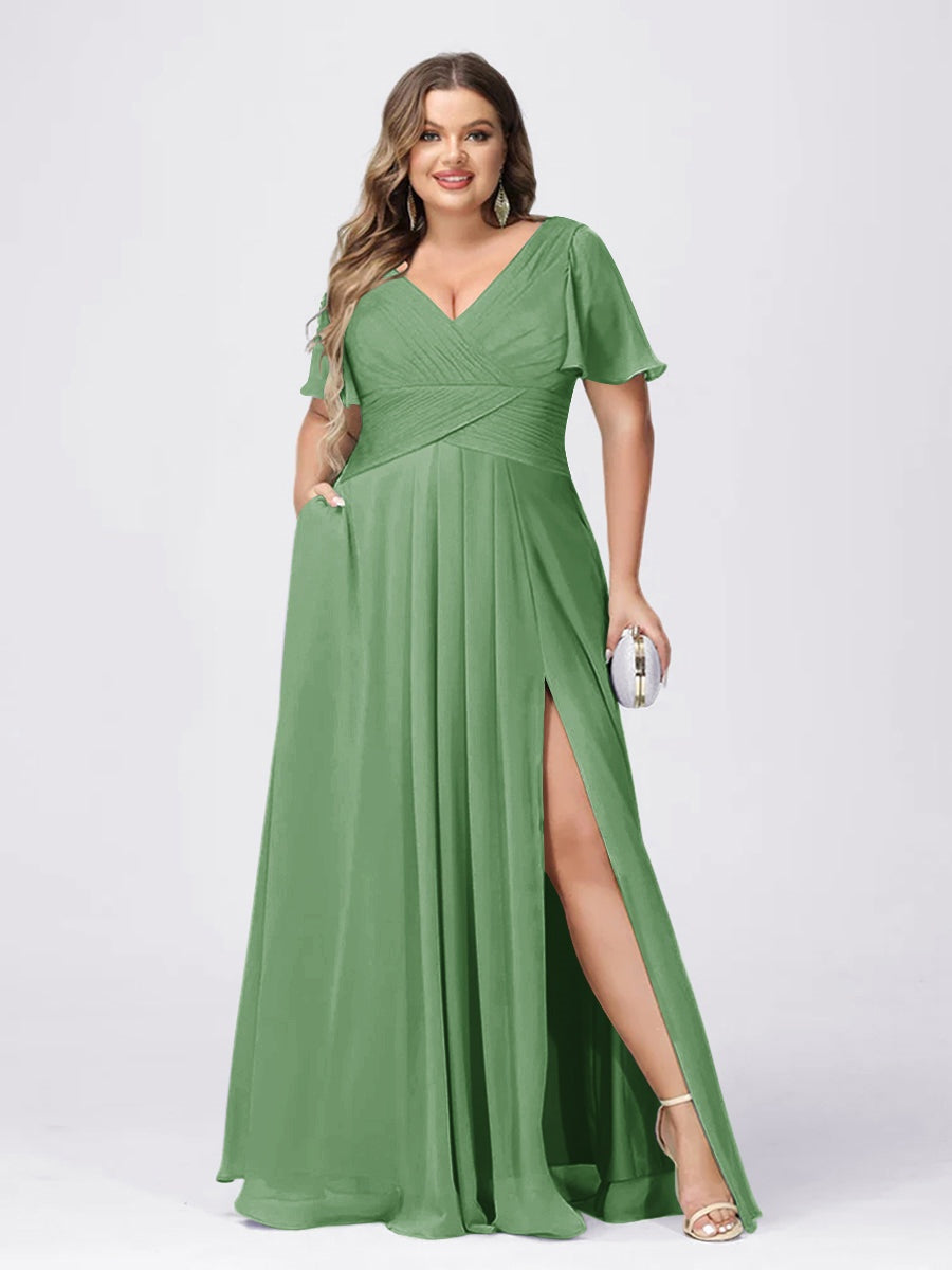 Plus Size V-Neck Princess A-Line Bridesmaid Dress with Side Split and Short Sleeves