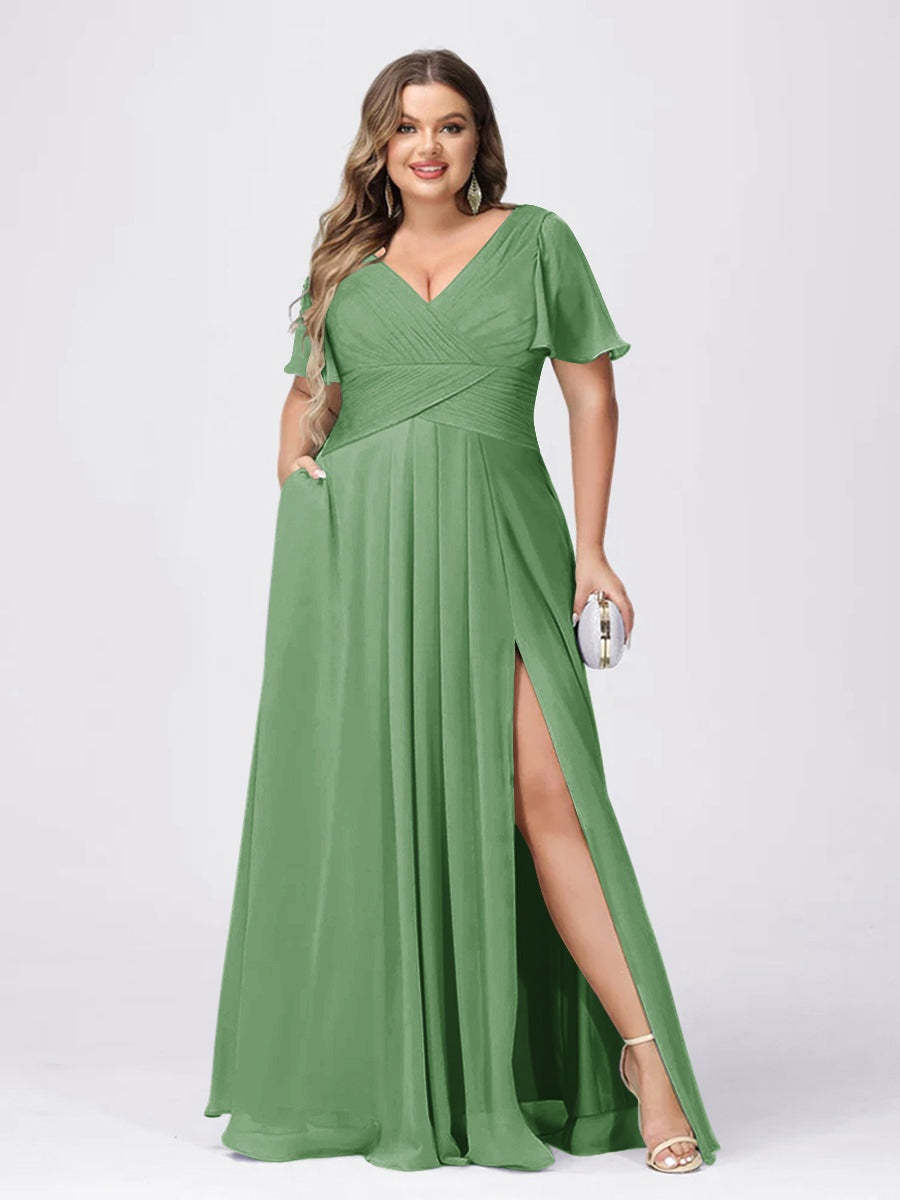 Plus Size V-Neck Princess A-Line Bridesmaid Dress with Side Split and Short Sleeves