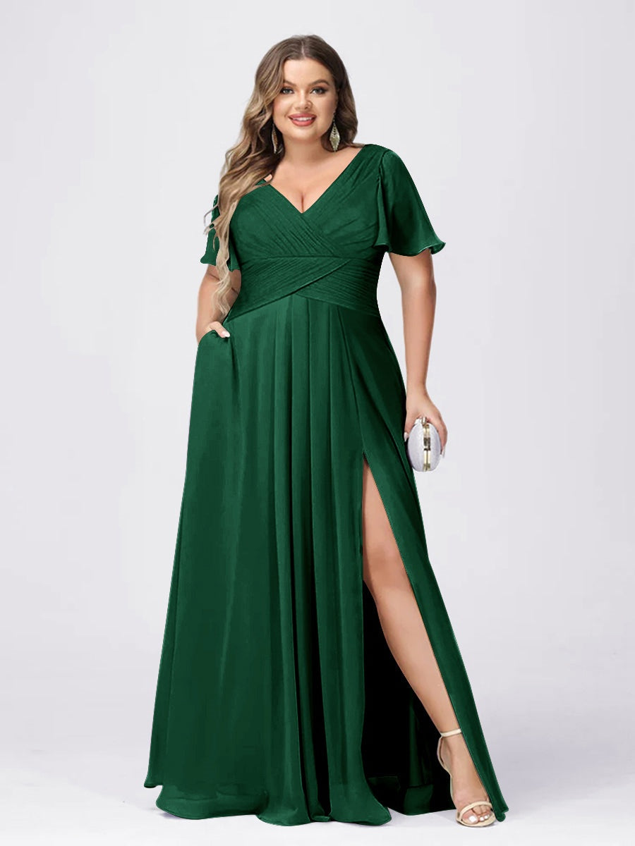 Plus Size V-Neck Princess A-Line Bridesmaid Dress with Side Split and Short Sleeves