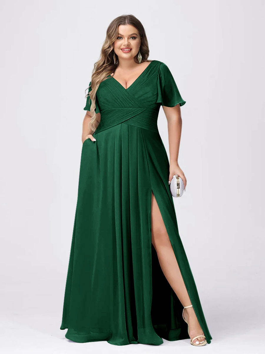 Plus Size V-Neck Princess A-Line Bridesmaid Dress with Side Split and Short Sleeves