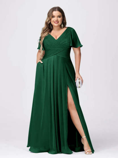 Plus Size V-Neck Princess A-Line Bridesmaid Dress with Side Split and Short Sleeves