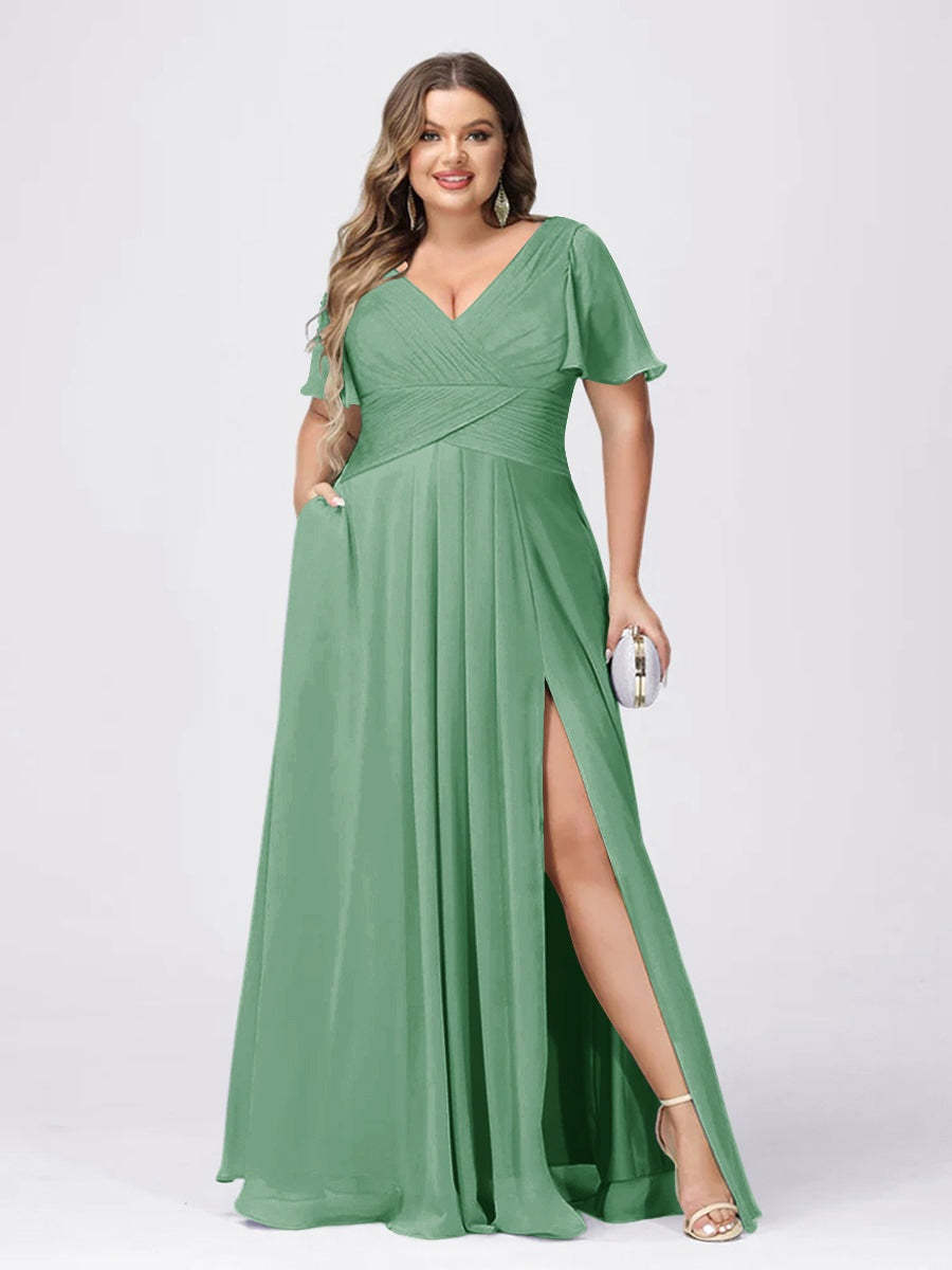 Plus Size V-Neck Princess A-Line Bridesmaid Dress with Side Split and Short Sleeves