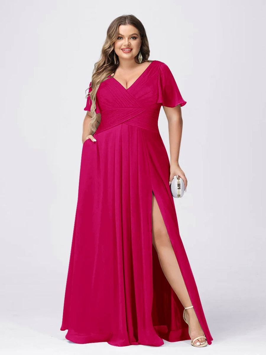 Plus Size V-Neck Princess A-Line Bridesmaid Dress with Side Split and Short Sleeves