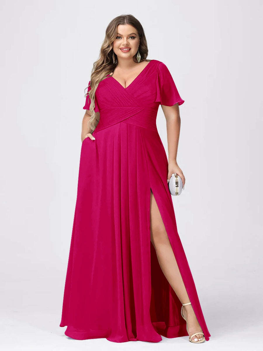 Plus Size V-Neck Princess A-Line Bridesmaid Dress with Side Split and Short Sleeves