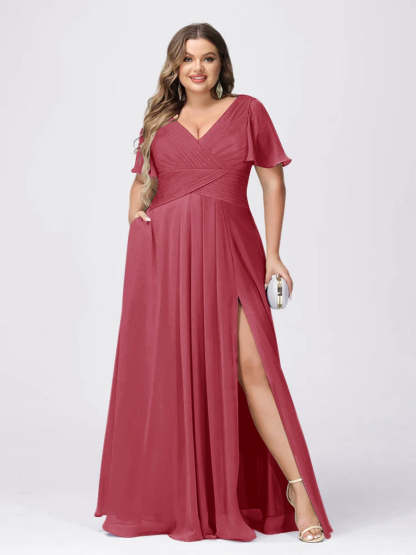 Plus Size V-Neck Princess A-Line Bridesmaid Dress with Side Split and Short Sleeves