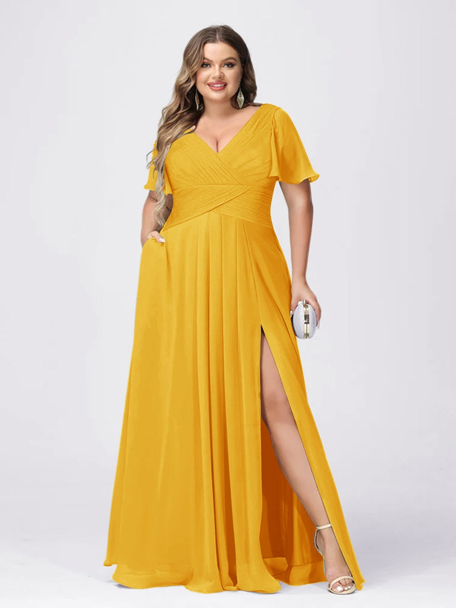 Plus Size V-Neck Princess A-Line Bridesmaid Dress with Side Split and Short Sleeves