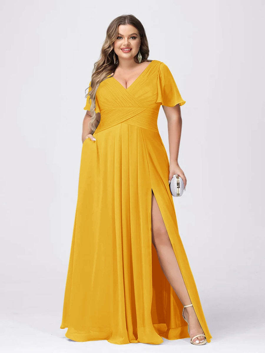 Plus Size V-Neck Princess A-Line Bridesmaid Dress with Side Split and Short Sleeves