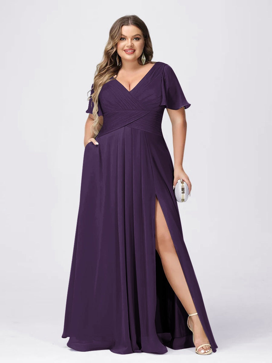 Plus Size V-Neck Princess A-Line Bridesmaid Dress with Side Split and Short Sleeves