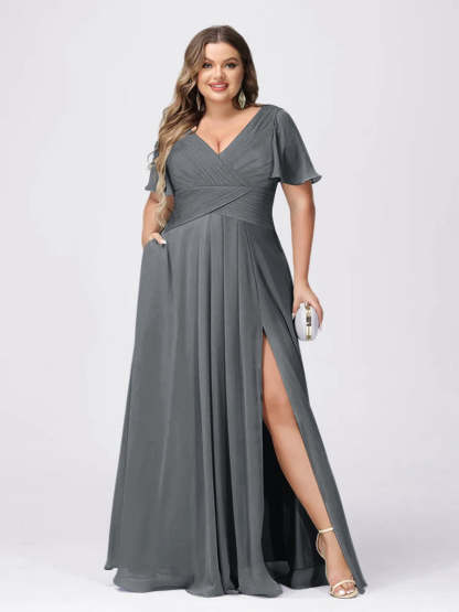 Plus Size V-Neck Princess A-Line Bridesmaid Dress with Side Split and Short Sleeves
