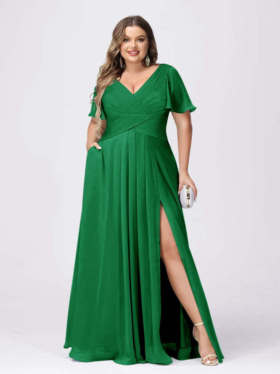 Plus Size V-Neck Princess A-Line Bridesmaid Dress with Side Split and Short Sleeves