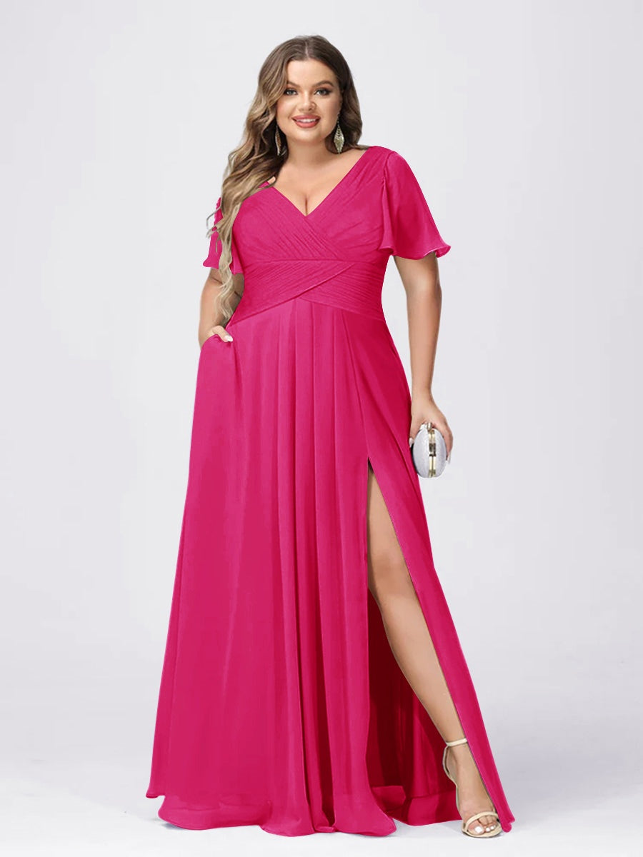 Plus Size V-Neck Princess A-Line Bridesmaid Dress with Side Split and Short Sleeves