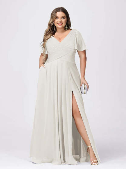 Plus Size V-Neck Princess A-Line Bridesmaid Dress with Side Split and Short Sleeves