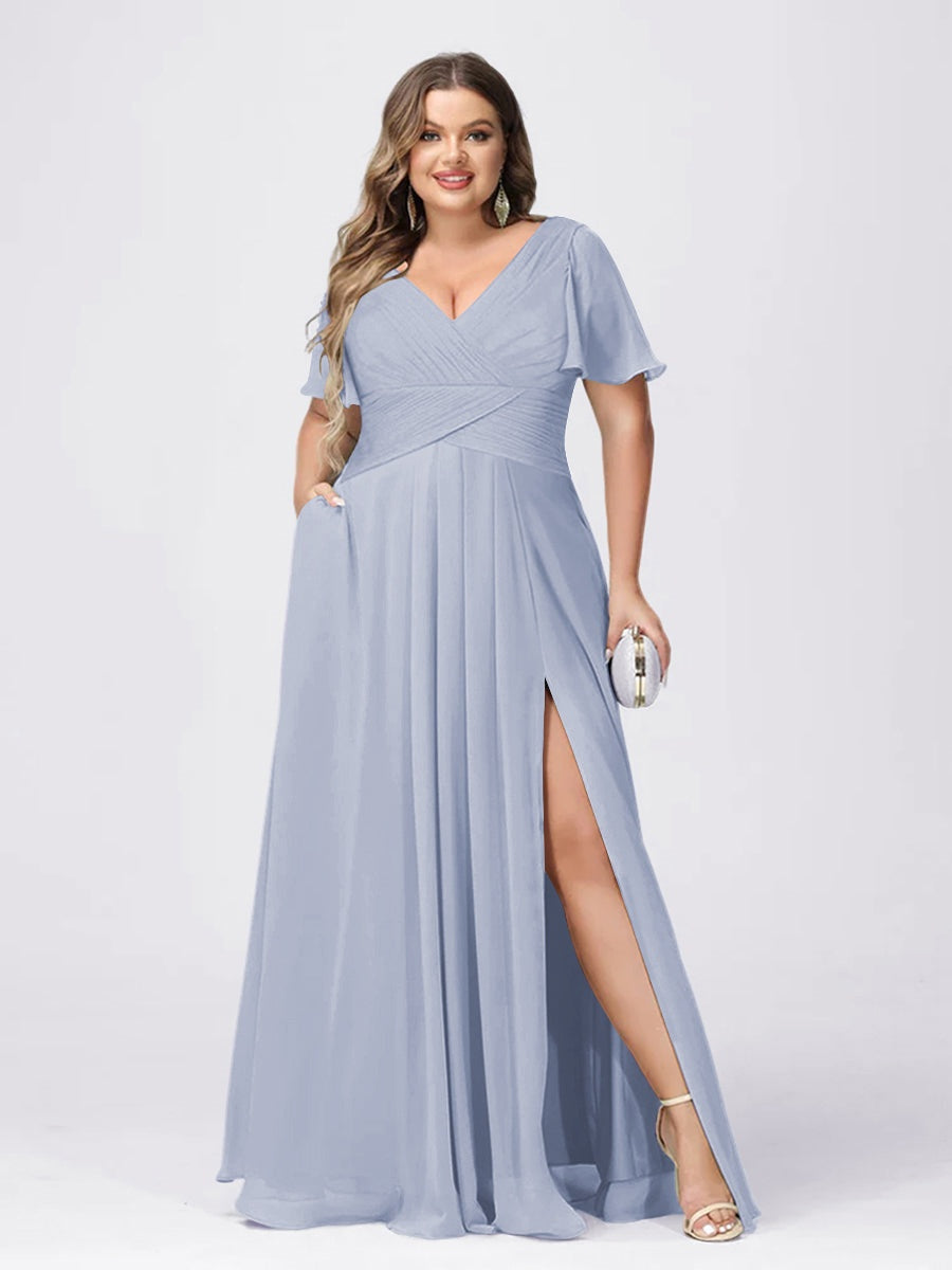 Plus Size V-Neck Princess A-Line Bridesmaid Dress with Side Split and Short Sleeves