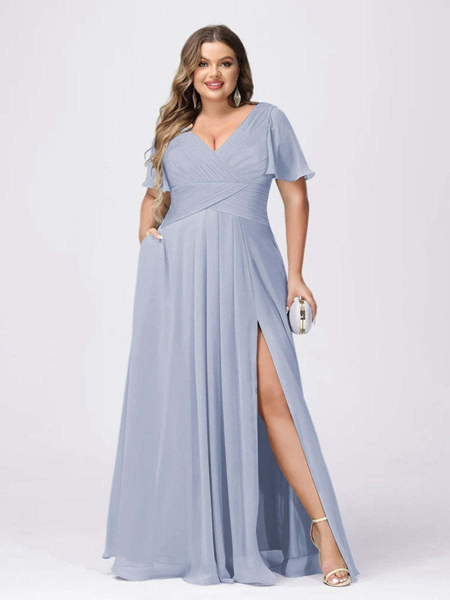 Plus Size V-Neck Princess A-Line Bridesmaid Dress with Side Split and Short Sleeves