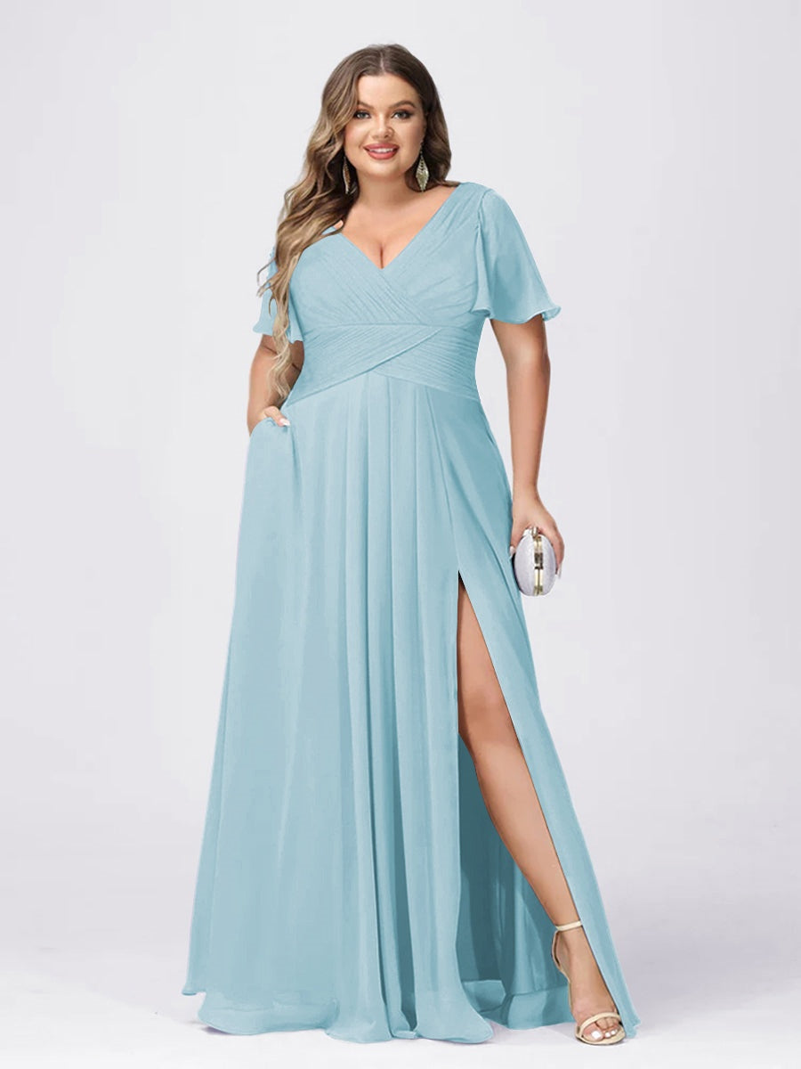 Plus Size V-Neck Princess A-Line Bridesmaid Dress with Side Split and Short Sleeves