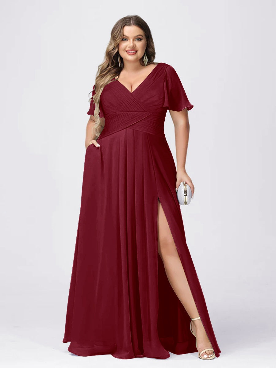 Plus Size V-Neck Princess A-Line Bridesmaid Dress with Side Split and Short Sleeves