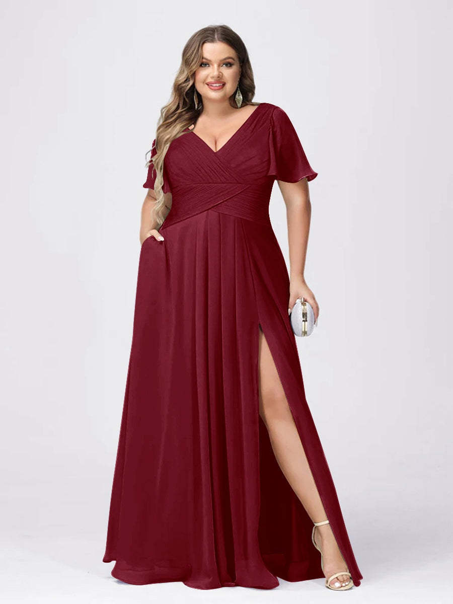 Plus Size V-Neck Princess A-Line Bridesmaid Dress with Side Split and Short Sleeves