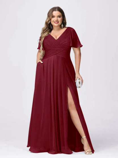 Plus Size V-Neck Princess A-Line Bridesmaid Dress with Side Split and Short Sleeves