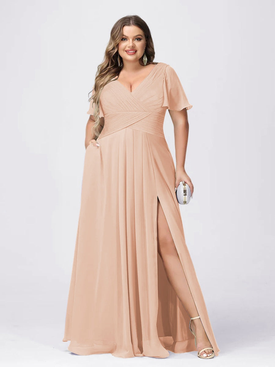 Plus Size V-Neck Princess A-Line Bridesmaid Dress with Side Split and Short Sleeves