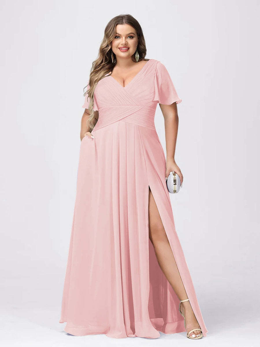 Plus Size V-Neck Princess A-Line Bridesmaid Dress with Side Split and Short Sleeves
