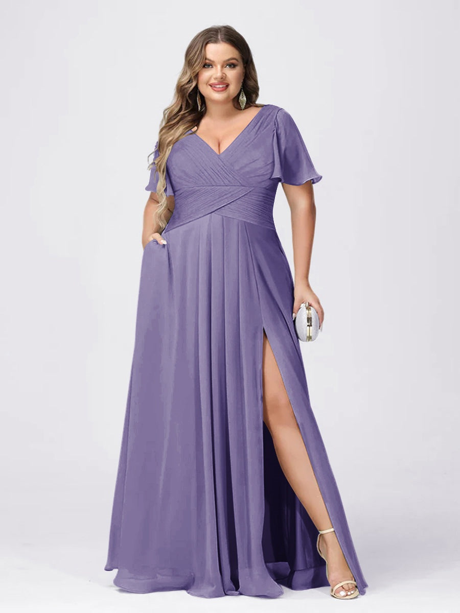 Plus Size V-Neck Princess A-Line Bridesmaid Dress with Side Split and Short Sleeves
