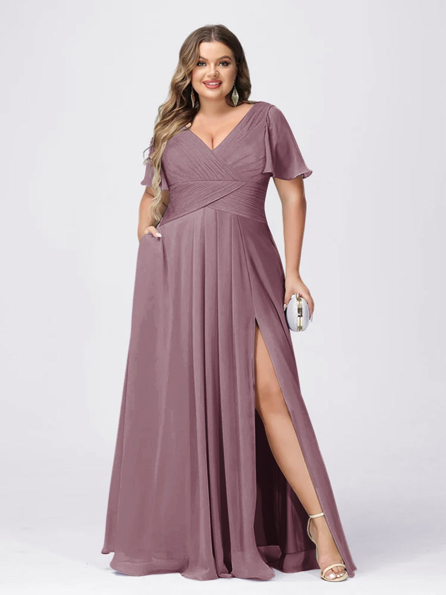 Plus Size V-Neck Princess A-Line Bridesmaid Dress with Side Split and Short Sleeves