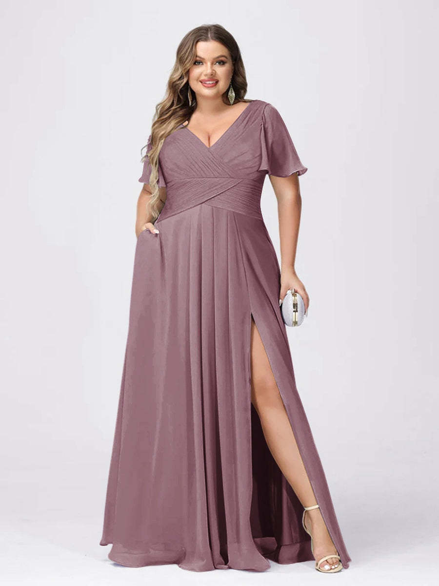 Plus Size V-Neck Princess A-Line Bridesmaid Dress with Side Split and Short Sleeves