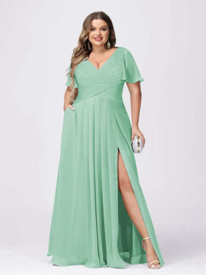Plus Size V-Neck Princess A-Line Bridesmaid Dress with Side Split and Short Sleeves