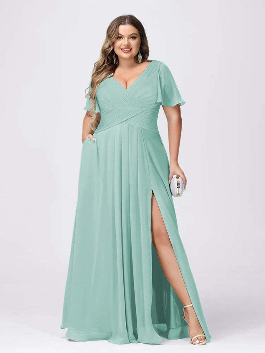 Plus Size V-Neck Princess A-Line Bridesmaid Dress with Side Split and Short Sleeves