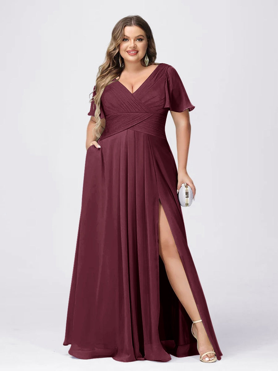 Plus Size V-Neck Princess A-Line Bridesmaid Dress with Side Split and Short Sleeves
