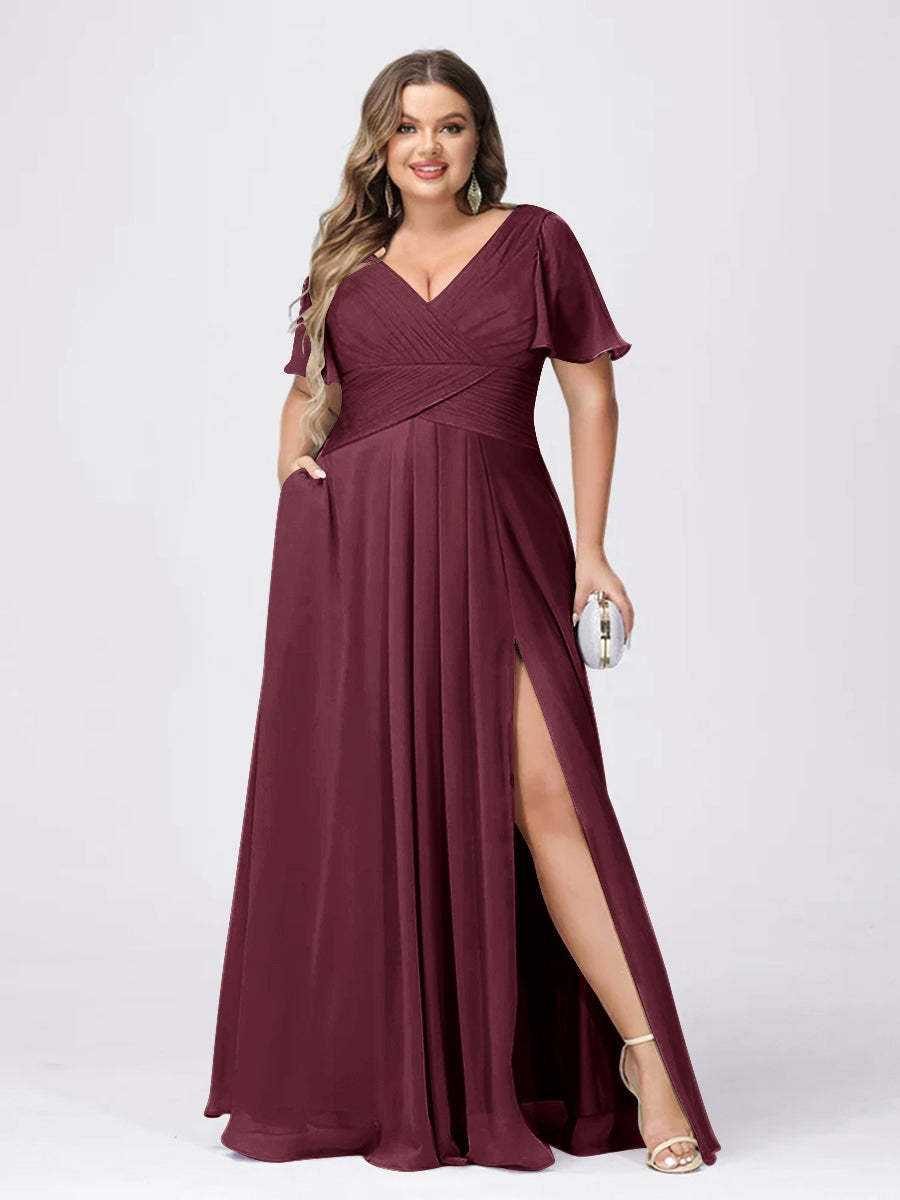 Plus Size V-Neck Princess A-Line Bridesmaid Dress with Side Split and Short Sleeves