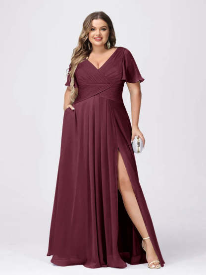 Plus Size V-Neck Princess A-Line Bridesmaid Dress with Side Split and Short Sleeves