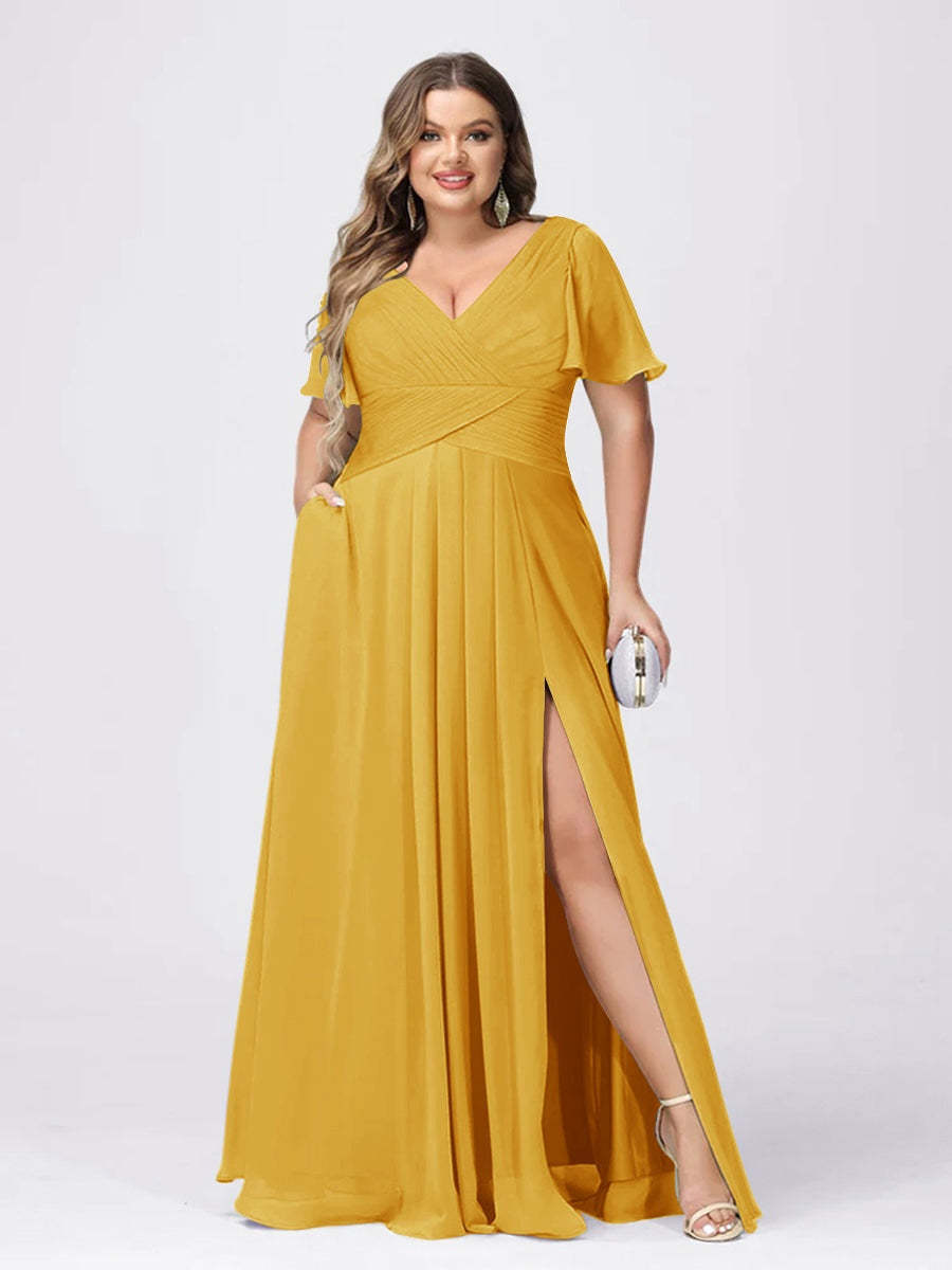 Plus Size V-Neck Princess A-Line Bridesmaid Dress with Side Split and Short Sleeves