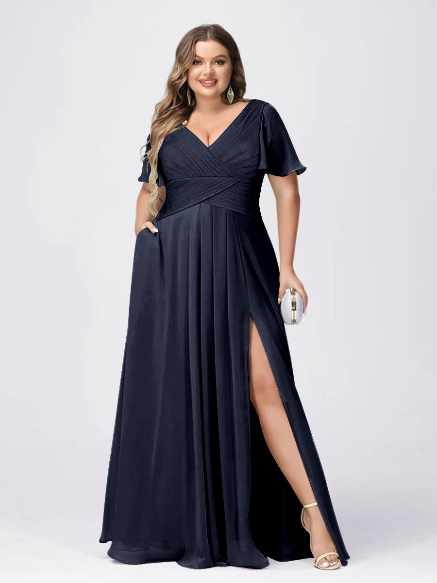 Plus Size V-Neck Princess A-Line Bridesmaid Dress with Side Split and Short Sleeves