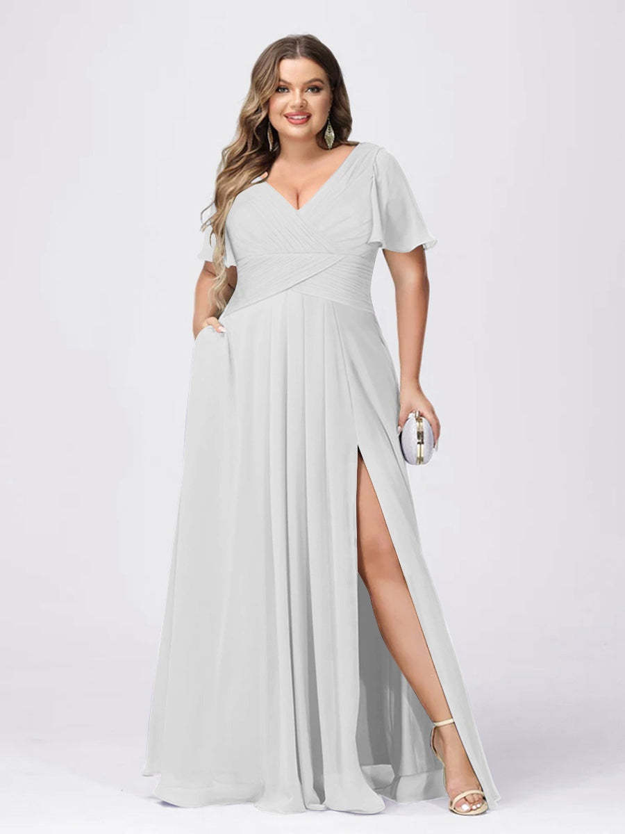 Plus Size V-Neck Princess A-Line Bridesmaid Dress with Side Split and Short Sleeves