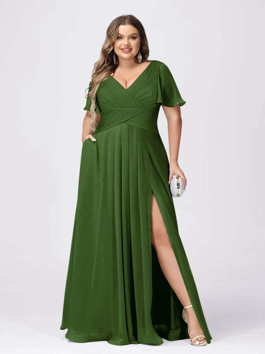 Plus Size V-Neck Princess A-Line Bridesmaid Dress with Side Split and Short Sleeves