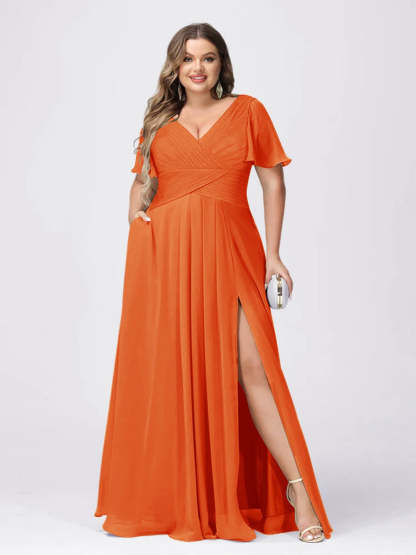 Plus Size V-Neck Princess A-Line Bridesmaid Dress with Side Split and Short Sleeves
