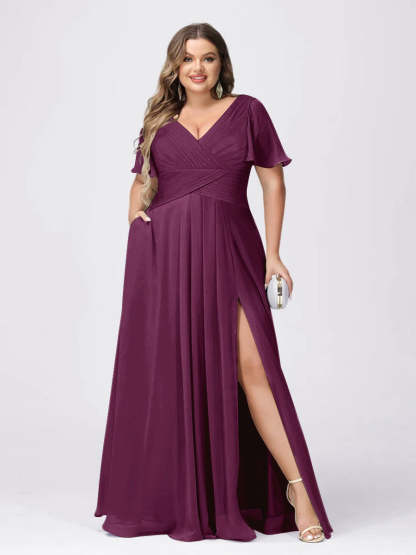 Plus Size V-Neck Princess A-Line Bridesmaid Dress with Side Split and Short Sleeves