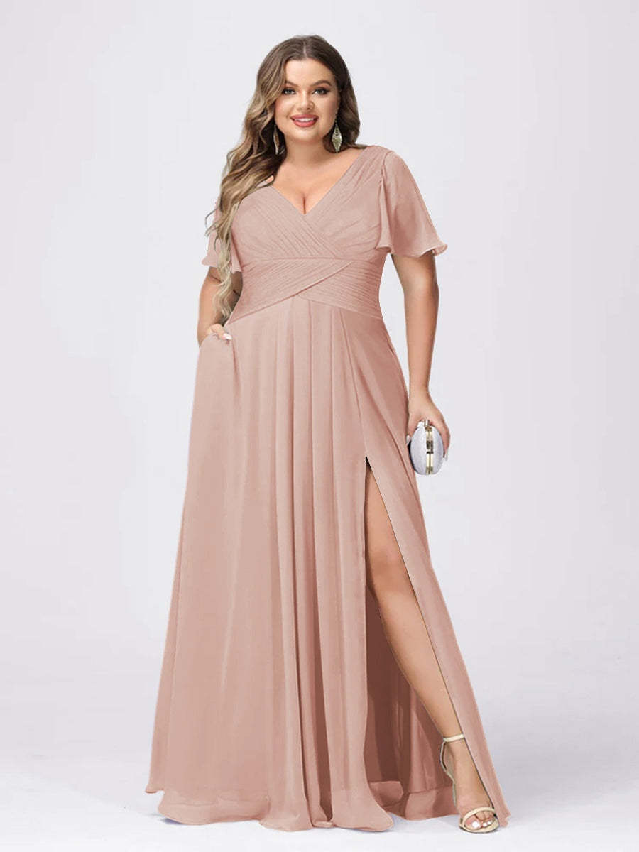 Plus Size V-Neck Princess A-Line Bridesmaid Dress with Side Split and Short Sleeves
