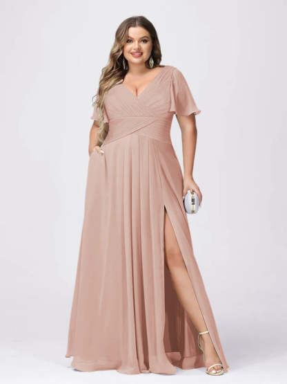 Plus Size V-Neck Princess A-Line Bridesmaid Dress with Side Split and Short Sleeves